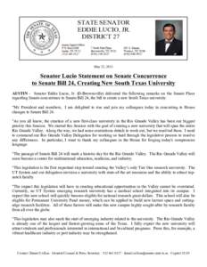    May 22, 2013 Senator Lucio Statement on Senate Concurrence to Senate Bill 24, Creating New South Texas University