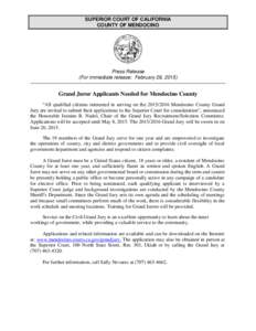 SUPERIOR COURT OF CALIFORNIA COUNTY OF MENDOCINO Press Release (For immediate release: February 26, 2015)