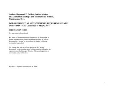 Author: Raymond F. DuBois, Senior Adviser The Center for Strategic and International Studies, Washington, D.C. DOD PRESIDENTIAL APPOINTMENTS REQUIRING SENATE CONFIRMATION Current as of May 9, 2014 EXPLANATORY CODES