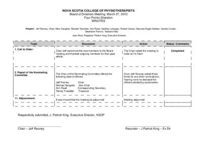 NOVA SCOTIA COLLEGE OF PHYSIOTHERAPISTS Board of Directors Meeting, March 27, 2010 Four Points Sheraton MINUTES Present: Jeff Rooney, Chair; Mike Sangster, Randall Tresidder, Ann Read, Heather Lonergan, Robert Cowan, Mau