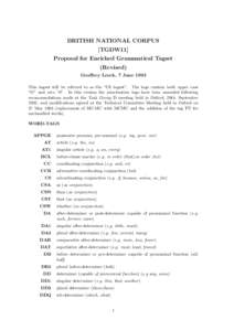 BRITISH NATIONAL CORPUS [TGDW11] Proposal for Enriched Grammatical Tagset (Revised) Geoffrey Leech, 7 June 1993 This tagset will be referred to as the “C6 tagset”. The tags contain both upper case