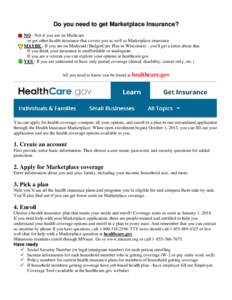 Do you need to get Marketplace Insurance? NO - Not if you are on Medicare or get other health insurance that covers you as well as Marketplace insurance MAYBE - If you are on Medicaid (BadgerCare Plus in Wisconsin) - you