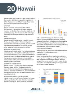 20  Hawaii Hawaii ranked 20th in the 2013 State Energy Efficiency Scorecard, a slight drop compared to its position in