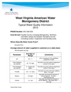 West Virginia American Water Montgomery District Typical Water Quality Information 2013 PWSID Number: WV[removed]Area Served: Fayette County (including Montgomery, Smithers,