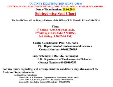 UGC NET EXAMINATION (JUNE[removed]CENTRE: SAMBALPUR UNIVERSITY (55), JYOTI VIHAR, BURLA, SAMBALPUR, ODISHA Date of Examination: [removed]Subject-wise Seat Chart