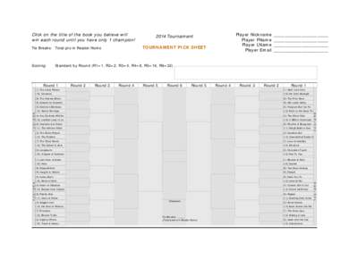 Click on the title of the book you believe will win each round until you have only 1 champion! TOURNAMENT PICK SHEET  Tie Breaks: Total pts in Reader Noms