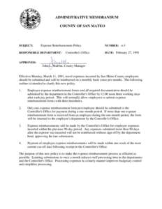 ADMINISTRATIVE MEMORANDUM COUNTY OF SAN MATEO SUBJECT:  Expense Reimbursement Policy