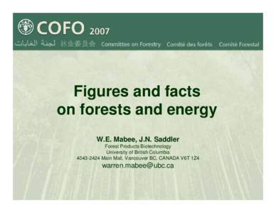 Figures and facts on forests and energy W.E. Mabee, J.N. Saddler Forest Products Biotechnology University of British Columbia[removed]Main Mall, Vancouver BC, CANADA V6T 1Z4