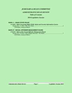 JUDICIARY & RULES COMMITTEE ADMINISTRATIVE RULES REVIEW Table of Contents 2014 Legislative Session IDAPA 11 - IDAHO STATE POLICE