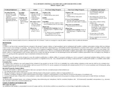 NCAA DIVISION I FOOTBALL COACHES OFF-CAMPUS RECRUITING GUIDE Effective August 1, 2013 Freshman/Sophomore Recruiting Materials  Questionnaires, camp brochures, nonathletic