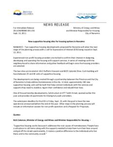 NEWS RELEASE For Immediate Release 2011ENER0080[removed]Sept. 13, 2011  Ministry of Energy and Mines