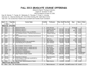 FALL 2013 GRADUATE COURSE OFFERINGS Midwestern Baptist Theological Seminary August 19 - December 12, 2013 Office of Registrar October 23, 2013 Days: M = Monday; T = Tuesday, W = Wednesday; R = Thursday; F = Friday; S = S