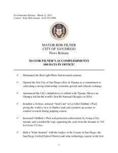 For Immediate Release: March 12, 2013 Contact: Irene McCormack, ([removed]MAYOR BOB FILNER CITY OF SAN DIEGO News Release