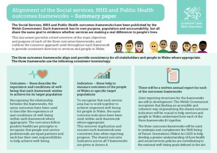 Alignment of the Social services, NHS and Public Health outcomes frameworks – Summary paper The Social Services, NHS and Public Health outcomes frameworks have been published by the Welsh Government. Each framework has