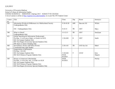 [removed]University of Wisconsin-Madison School of Library & Information Studies COURSE SCHEDULE – SEMESTER 2 (Spring) 2015 – SUBJECT TO CHANGE A list of courses is online at http://registrar.wisc.edu/timetable/ or a
