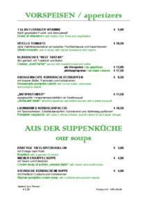 VORSPEISEN / appetizers 1 GLAS FLÜSSIGER VITAMINE € 5,00  frisch gepresster Frucht- und Gemüsesaft