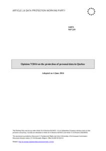 ARTICLE 29 DATA PROTECTION WORKING PARTY  14/EN WP 219  Opinion[removed]on the protection of personal data in Quebec