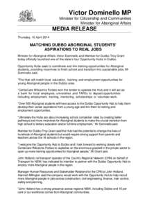 Victor Dominello MP Minister for Citizenship and Communities Minister for Aboriginal Affairs MEDIA RELEASE Thursday, 10 April 2014