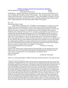 Southern Campaign American Revolution Pension Statements Pension application of John Fox S2219 fn25SC Transcribed by Will Graves[removed]Methodology: Spelling, punctuation and grammar have been corrected in some instanc