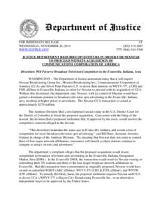 Justice Department Requires Divestiture in Order for Nexstar to Proceed with its Acquisition of Communications Corporation of America