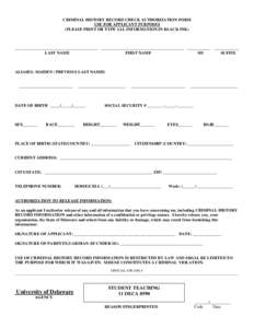 CRIMINAL HISTORY RECORD CHECK AUTHORIZATION FORM