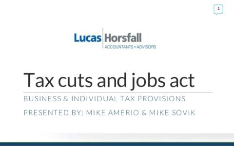 1  Tax cuts and jobs act BUSINESS & INDIVIDUAL TAX PROVISIONS  PRESENTED BY: MIKE AMERIO & MIKE SOVIK