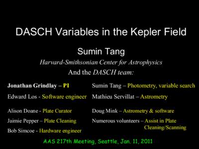 DASCH Variables in the Kepler Field Sumin Tang Harvard-Smithsonian Center for Astrophysics And the DASCH team: Jonathan Grindlay – PI