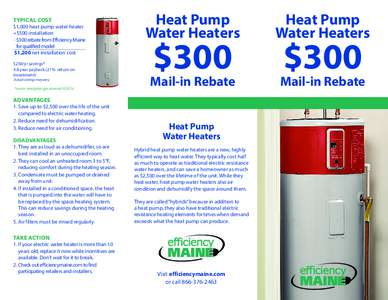 typical cost  $1,000 heat pump water heater +$500 installation - $300 rebate from Efficiency Maine for qualified model