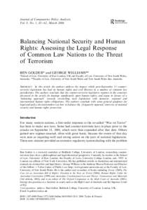 Journal of Comparative Policy Analysis, Vol. 8, No. 1, 43 – 62, March 2006 Balancing National Security and Human Rights: Assessing the Legal Response of Common Law Nations to the Threat