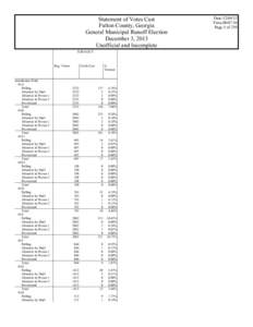 Statement of Votes Cast Fulton County, Georgia General Municipal Runoff Election December 3, 2013 Unofficial and Incomplete TURN OUT