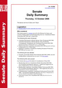 Senate Daily Summary - No[removed]Thursday 12 October 2006