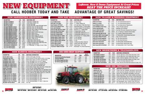 NEW EQUIPMENT  Leftover, New & Demo Equipment At Great Prices BEAT THE PRICE INCREASE!