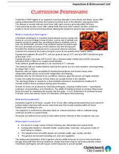 CLOSTRIDIUM PERFRINGENS Clostridium Perfringens is an organism occurring naturally in many foods and illness occurs after eating contaminated food when the bacteria produces toxin in the intestine causing diarrhoea.