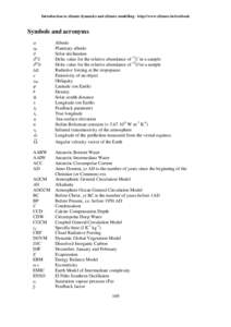 Introduction to climate dynamics and climate modelling - http://www.climate.be/textbook  Symbols and acronyms    α 