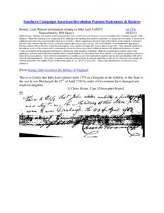 Southern Campaign American Revolution Pension Statements & Rosters Bounty Land Warrant information relating to John Lord VAS975 Transcribed by Will Graves vsl 1VA[removed]