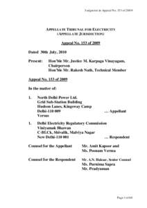 Judgment in Appeal No. 153 of[removed]APPELLATE TRIBUNAL FOR ELECTRICITY (APPELLATE JURISDICTION) Appeal No. 153 of 2009 Dated 30th July, 2010