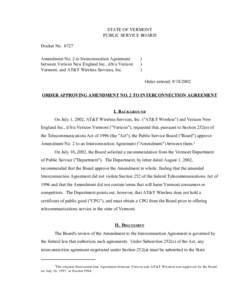 STATE OF VERMONT PUBLIC SERVICE BOARD Docket No[removed]Amendment No. 2 to Interconnection Agreement between Verizon New England Inc., d/b/a Verizon Vermont, and AT&T Wireless Services, Inc.