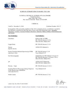 SCOPE OF ACCREDITATION TO ISO/IEC 17025: 2005 NATIONAL TECHNICAL SYSTEMS (NTS) BALTIMORE 5 North Park Drive Hunt Valley, MDMrs. Sarah D. Brammer Phone: CHEMICAL