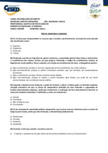 CURSO: BACHARELADO EM DIREITO DISCIPLINA: DIREITO FINANCEIRO CÓD. DISCIPLINA: PROFESSOR(A): GUSTAVO DE PAIVA GADELHA PERÍODO DA DISCIPLINA: 3º PERÍODO TURNO: MANHÃ