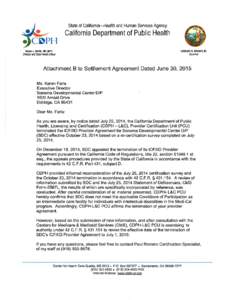 Sonoma Developmental Center Settlement Agreement, Attachement B-Letter from Department of Public Health
