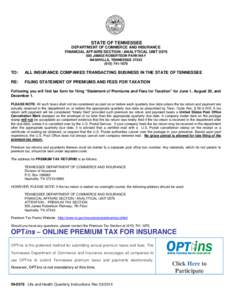 STATE OF TENNESSEE DEPARTMENT OF COMMERCE AND INSURANCE FINANCIAL AFFAIRS SECTION / ANALYTICAL UNIT[removed]JAMES ROBERTSON PARKWAY NASHVILLE, TENNESSEE[removed]1670