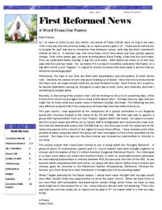 May, 2014  Volume 12, Issue 5 First Reformed News A Word From Our Pastor