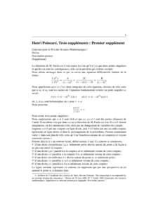 1  Henri Poincaré, Trois suppléments : Premier supplément Concours pour le Prix des Sciences Mathématiques 1 Devise Non inultus premor