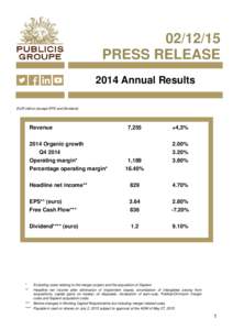 PRESS RELEASE 2014 Annual Results EUR million (except EPS and Dividend)  Revenue