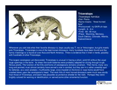 Triceratops Triceratops horridus •Diet: Plants •Name means: 