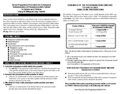 Home Preparation Procedure for Emergency Administration of Potassium Iodide Tablets to Infants and Children Using 65 Milligram (mg) Tablets INTRODUCTION Once you have been notified by your federal, state, or local author