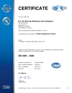 CERTIFICATE This is to certify that E.I. du Pont de Nemours and Company Richmond Zytel® 5203 DuPont St.