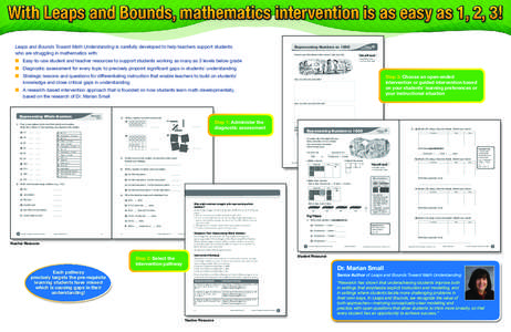 With Leaps and Bounds, mathematics intervention is as easy as 1, 2, 3! Leaps and Bounds Toward Math Understanding is carefully developed to help teachers support students who are struggling in mathematics with: Represent