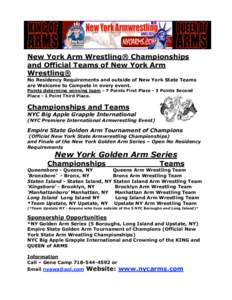 New York Arm Wrestling® Championships and Official Teams of New York Arm Wrestling® No Residency Requirements and outside of New York State Teams are Welcome to Compete in every event.