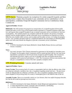 Legislative PacketS1878 (Sacco): Maintains property tax exemptions for certain nonprofit hospitals and their nursing homes; requires these hospitals to pay community service contributions to host municipalities;